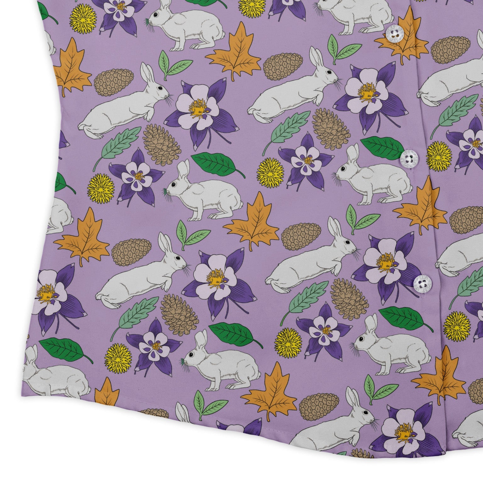 Spring Forest Purple Curvy Button Up Shirt Geek Nerd animal patterns botany print Design by Julie Kitzes