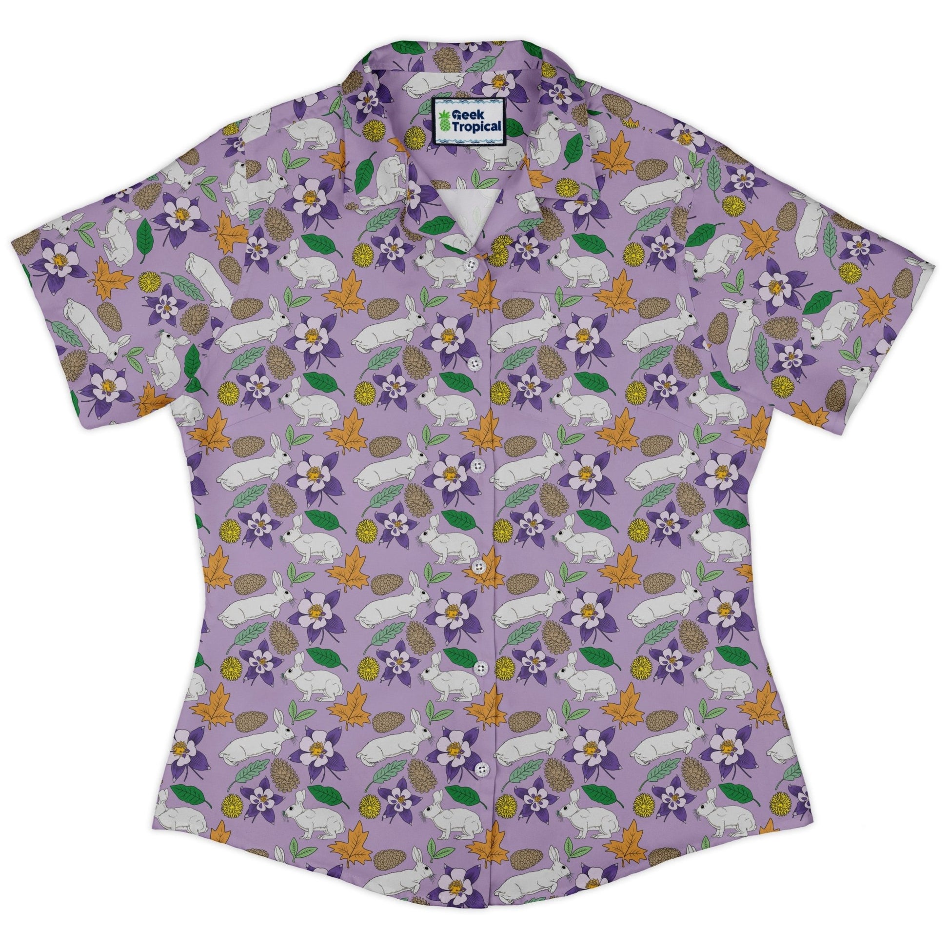 Spring Forest Purple Curvy Button Up Shirt Geek Nerd animal patterns botany print Design by Julie Kitzes