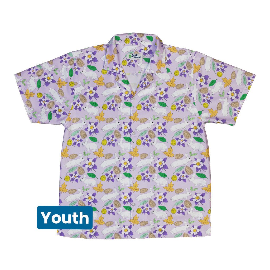 Spring Forest Purple Youth Hawaiian Shirt Geek Nerd animal patterns botany print Design by Julie Kitzes