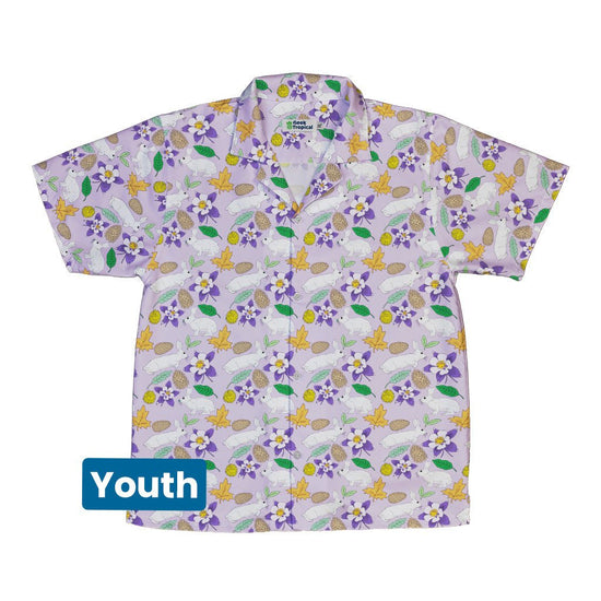 Spring Forest Purple Youth Hawaiian Shirt Geek Nerd animal patterns botany print Design by Julie Kitzes