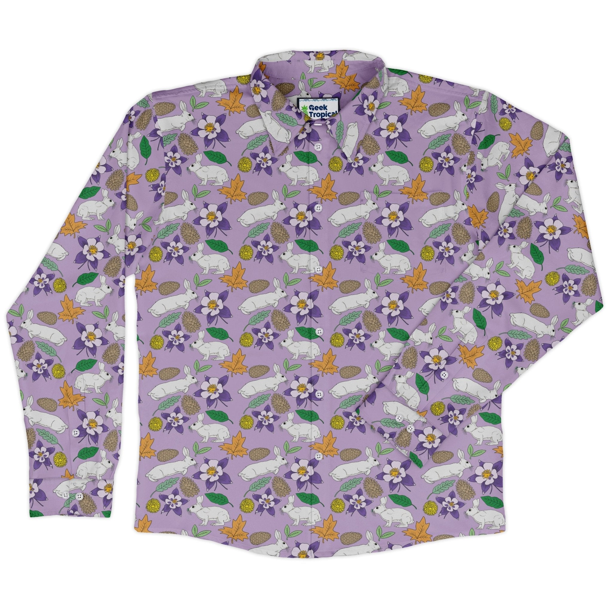 Spring forest purple Long Sleeve Button Up Shirt Geek Nerd adult sizing animal patterns botany print