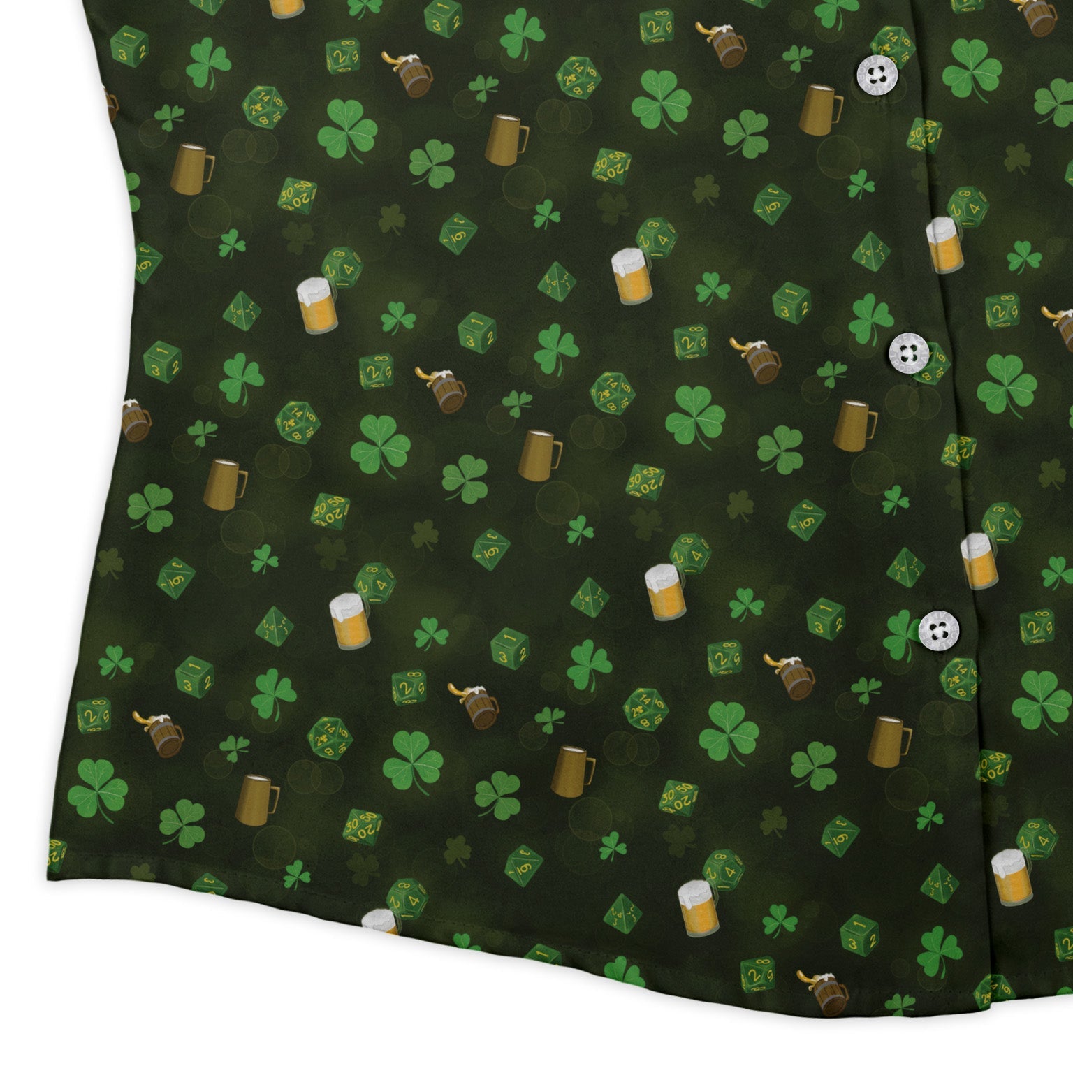 St. Patrick's Day DND Dice Curvy Button Up Shirt Geek Nerd Designs by Nathan dnd & rpg print women