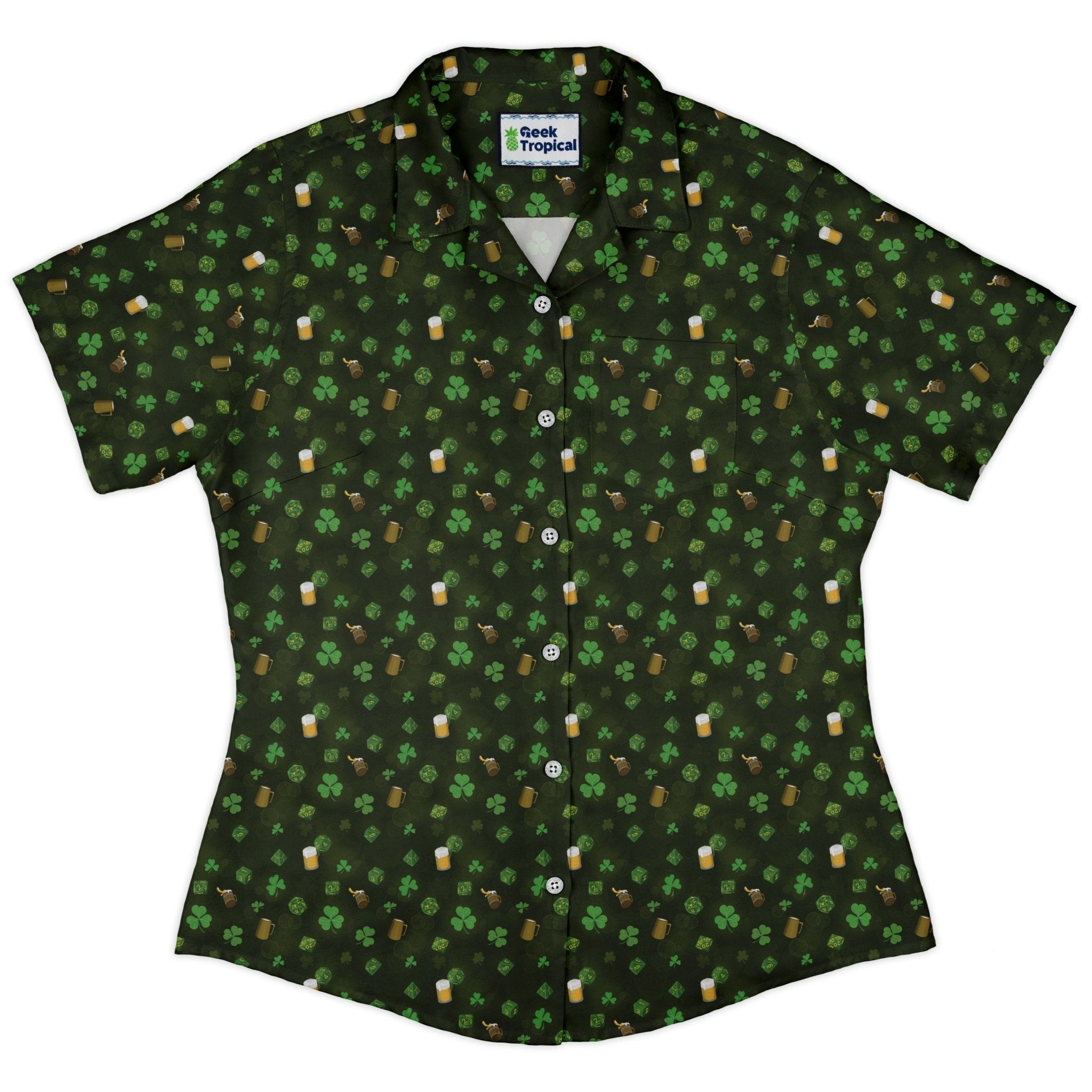 St. Patrick's Day DND Dice Curvy Button Up Shirt Geek Nerd Designs by Nathan dnd & rpg print women