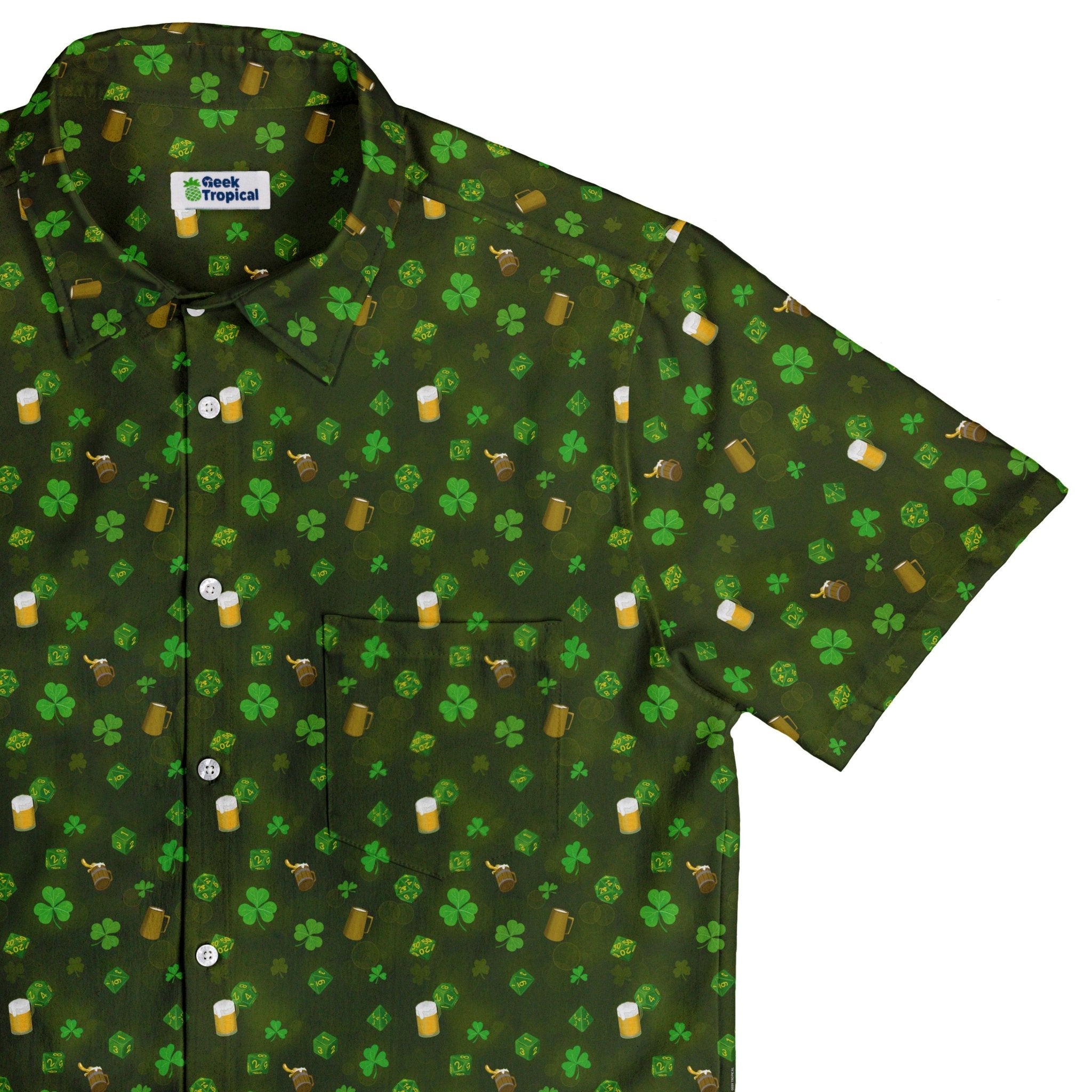 St. Patrick's Day DND Dice Button Up Shirt - adult sizing - Designs by Nathan - dnd & rpg print