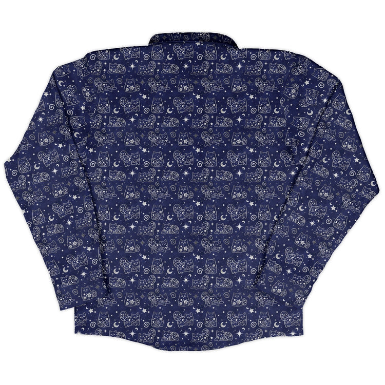 Star Cats Long Sleeve Button Up Shirt Geek Nerd adult sizing Animal Patterns Design By Brigid Ashwood