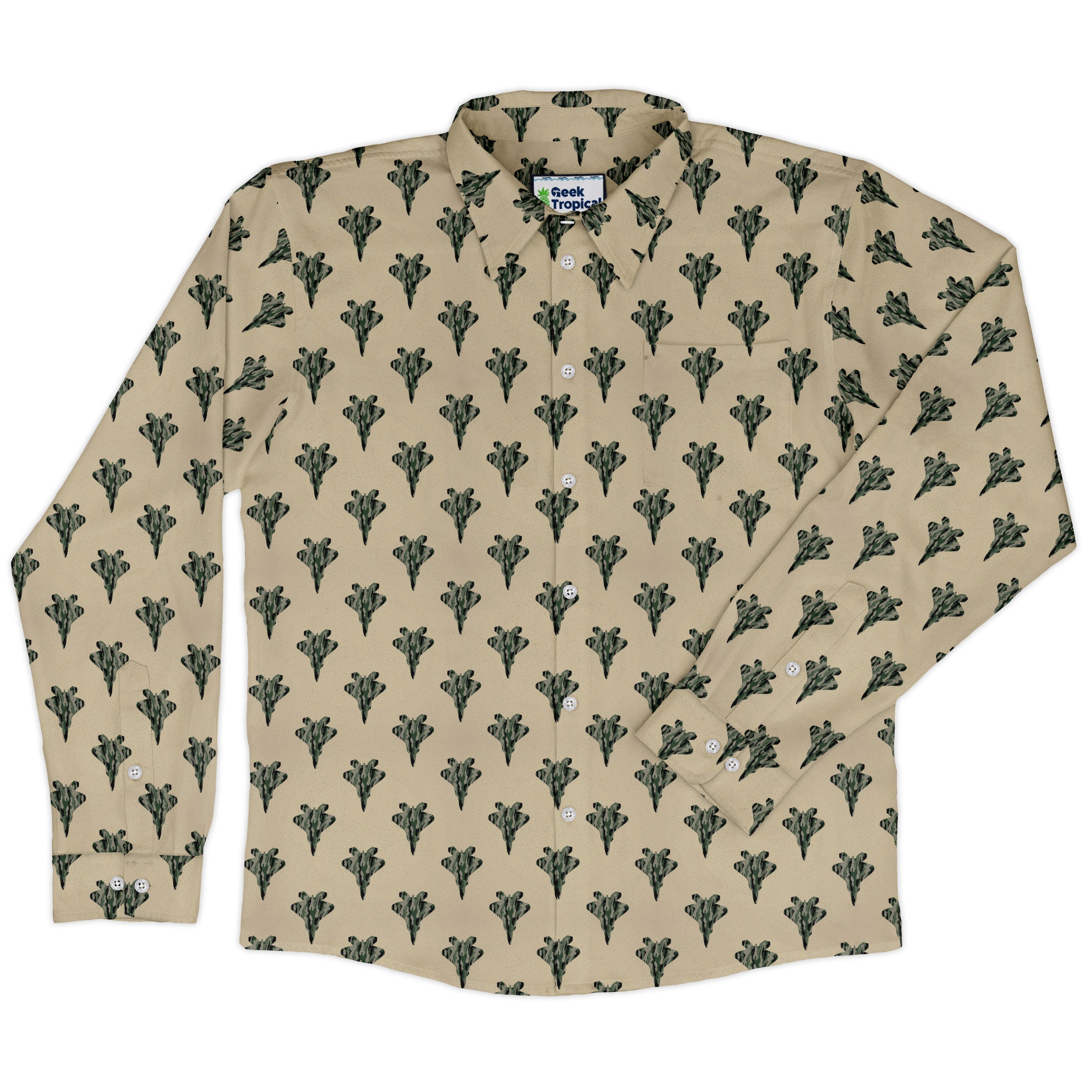 Stealth Fighters Tan Aviation Light Blue Long Sleeve Button Up Shirt