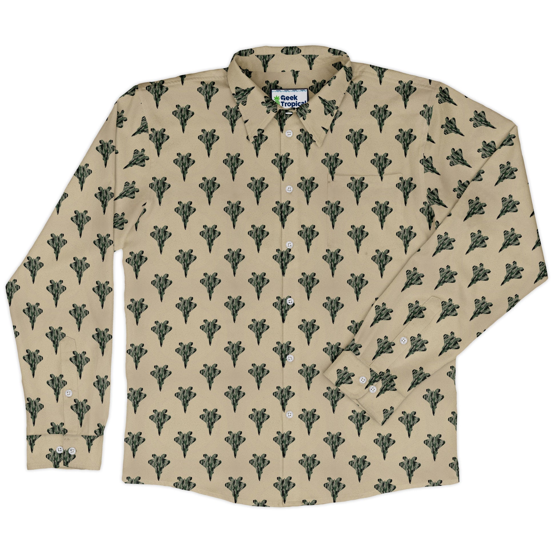 Stealth Fighters Tan Aviation Light Blue Long Sleeve Button Up Shirt