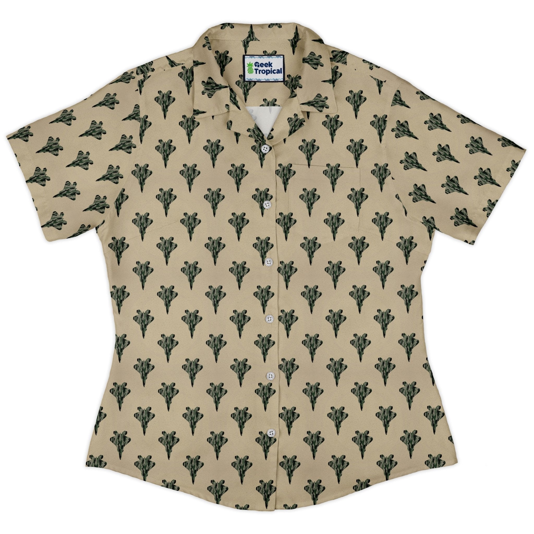 Stealth Fighters Tan Aviation Light Blue Curvy Button Up Shirt Geek Nerd aviation print Simple Patterns women