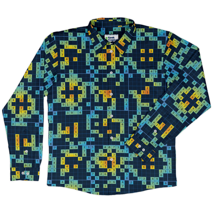 Sudoku Math Puzzle Long Sleeve Button Up Shirt Geek Nerd adult sizing FLOW DESC WRITING mathematics print