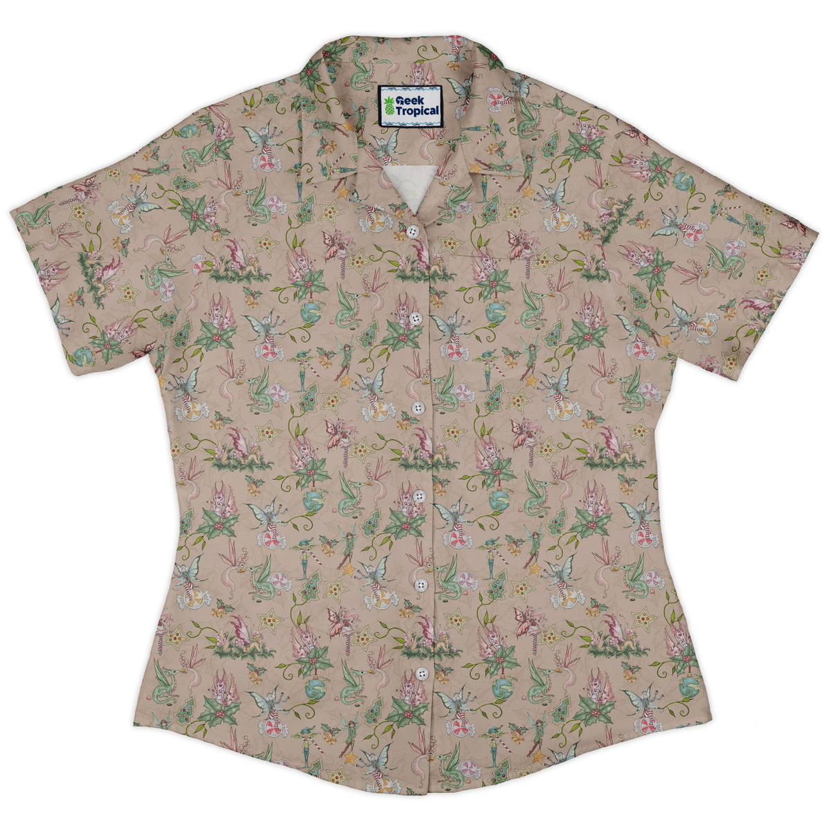 Sugarplum Dragonlings Pink Curvy Button Up Shirt womens front