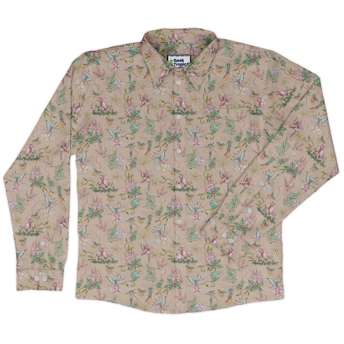 Sugarplum Dragonlings Pink Long Sleeve Button Up Shirt front