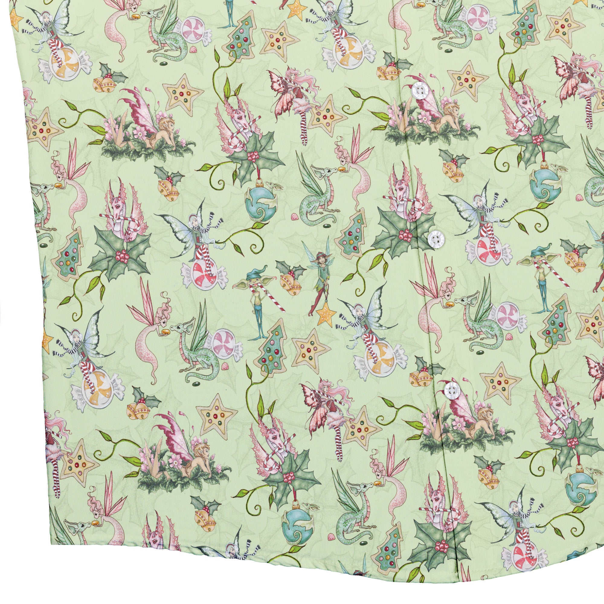 Sugarplum Dragonlings Sage Button Up Shirt Bottom Corner