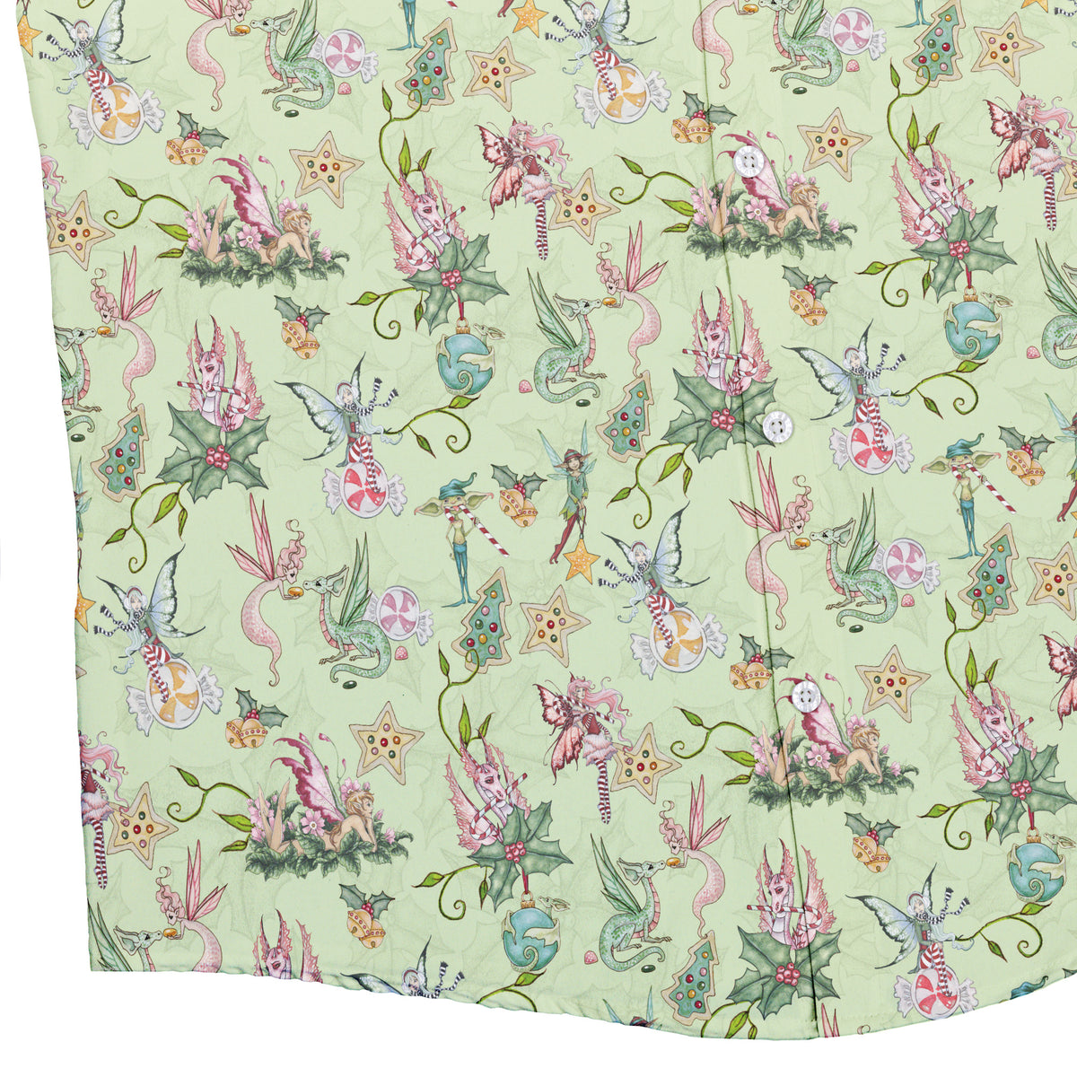 Sugarplum Dragonlings Sage Button Up Shirt Bottom Corner