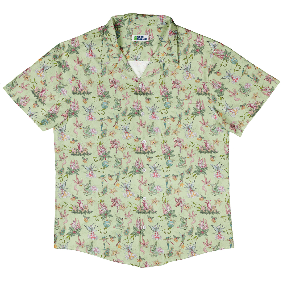Sugarplum Dragonlings Sage Button Up Shirt Hawaiian Front