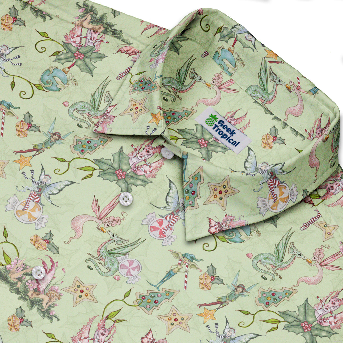 Sugarplum Dragonlings Sage Button Up Shirt Neck