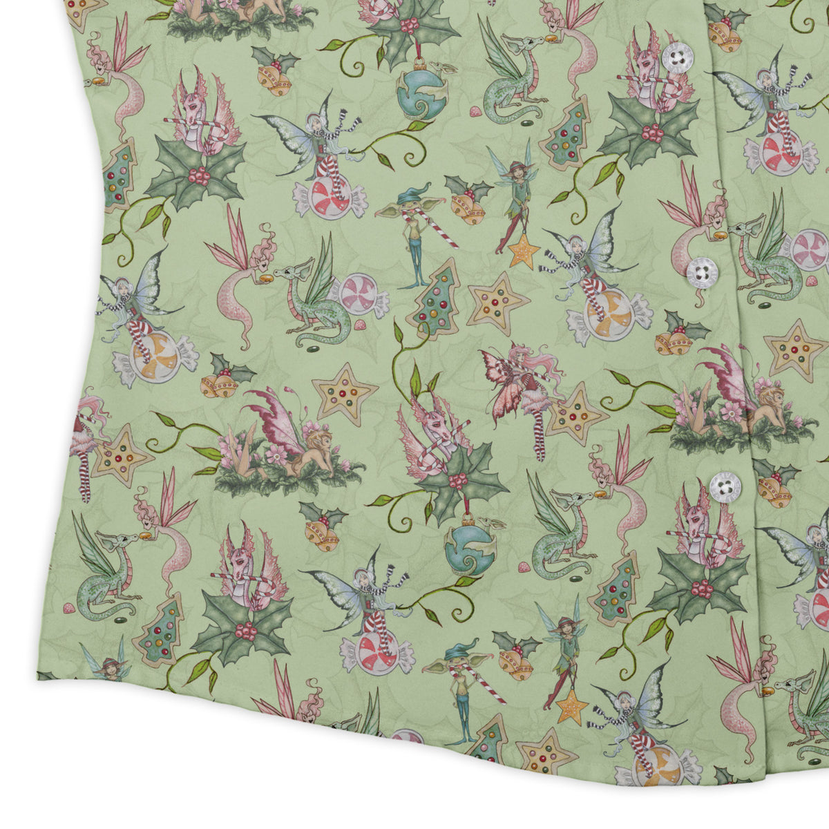 Sugarplum Dragonlings Sage Curvy Button Up Shirt womens corner