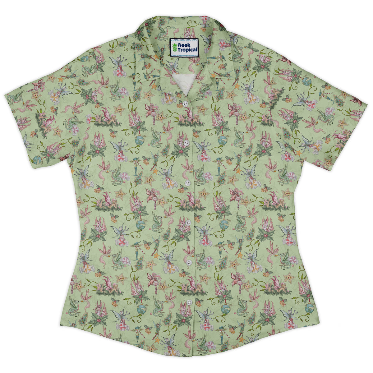Sugarplum Dragonlings Sage Curvy Button Up Shirt womens front