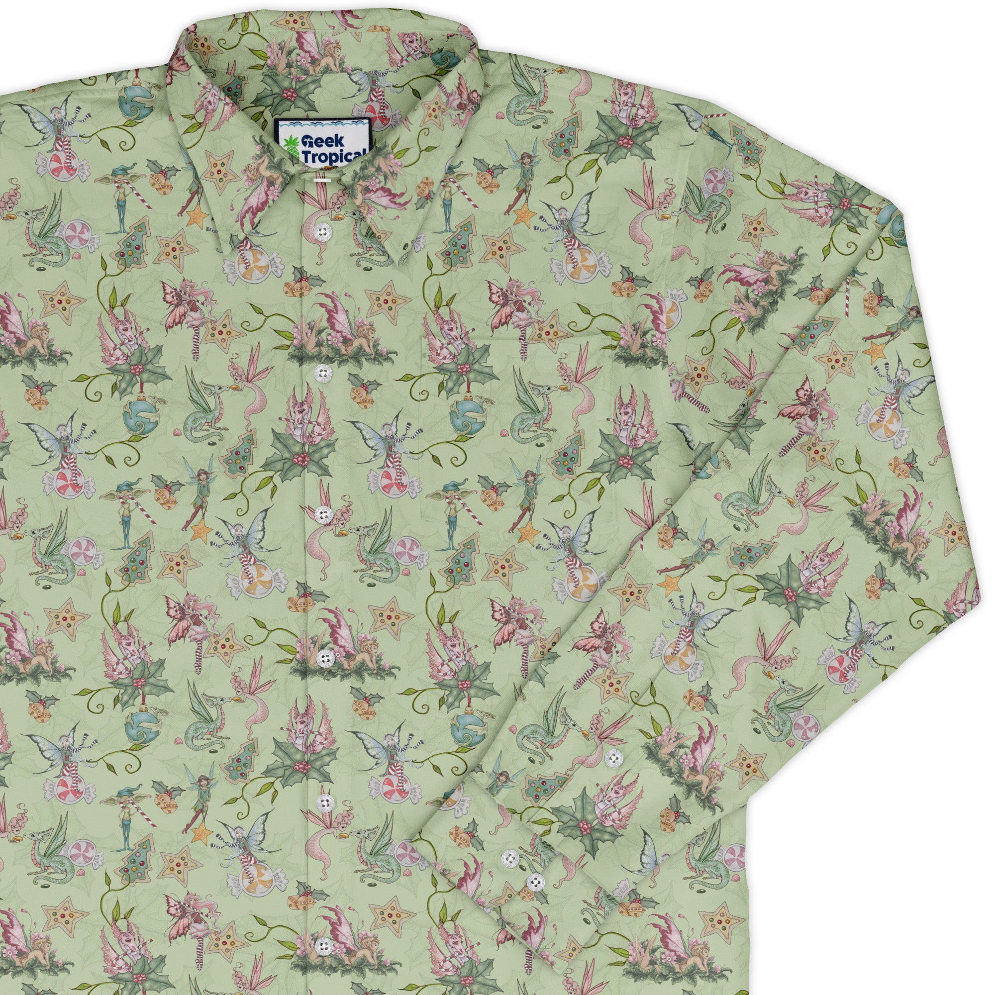 Sugarplum Dragonlings Sage Long Sleeve Button Up Shirt cover