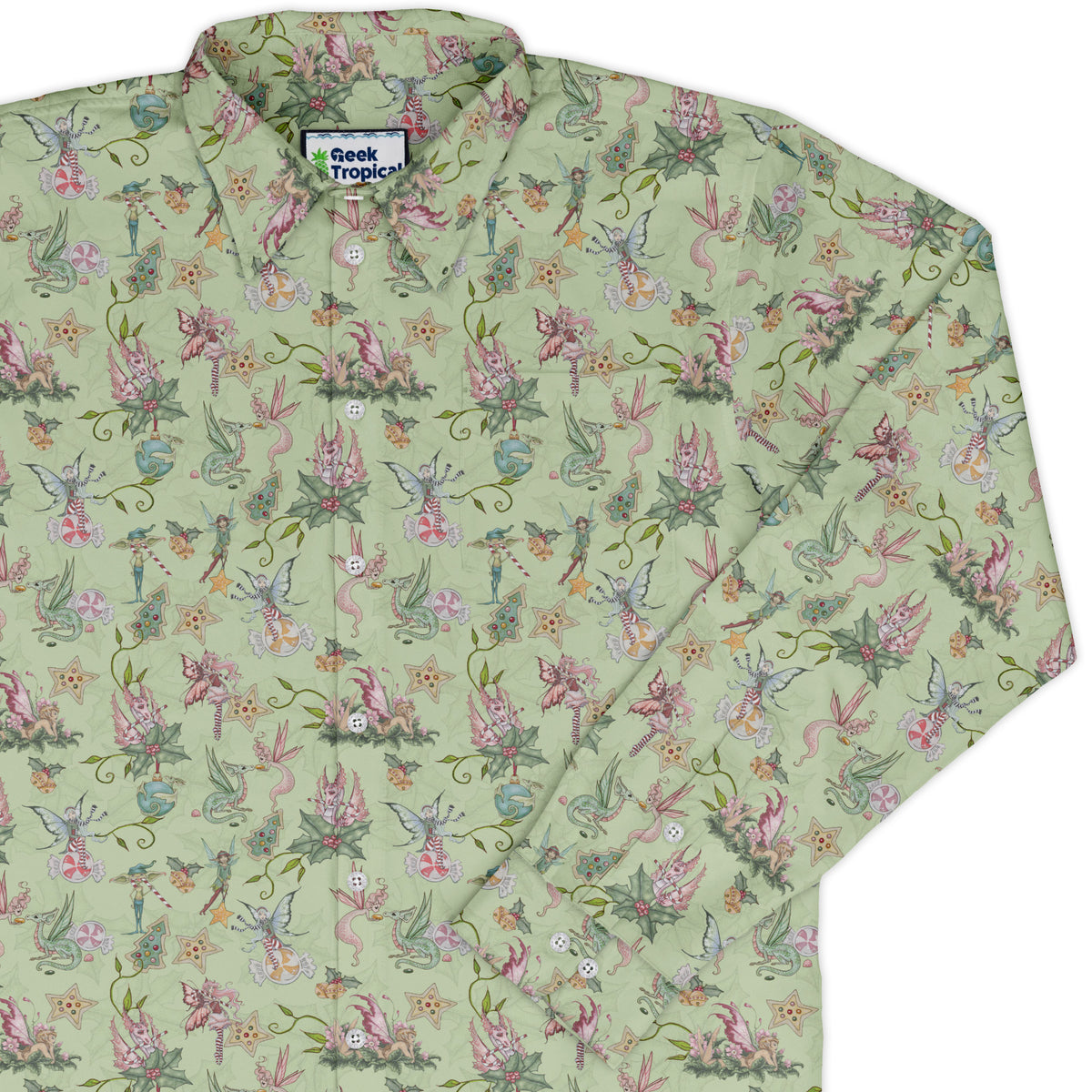 Sugarplum Dragonlings Sage Long Sleeve Button Up Shirt cover