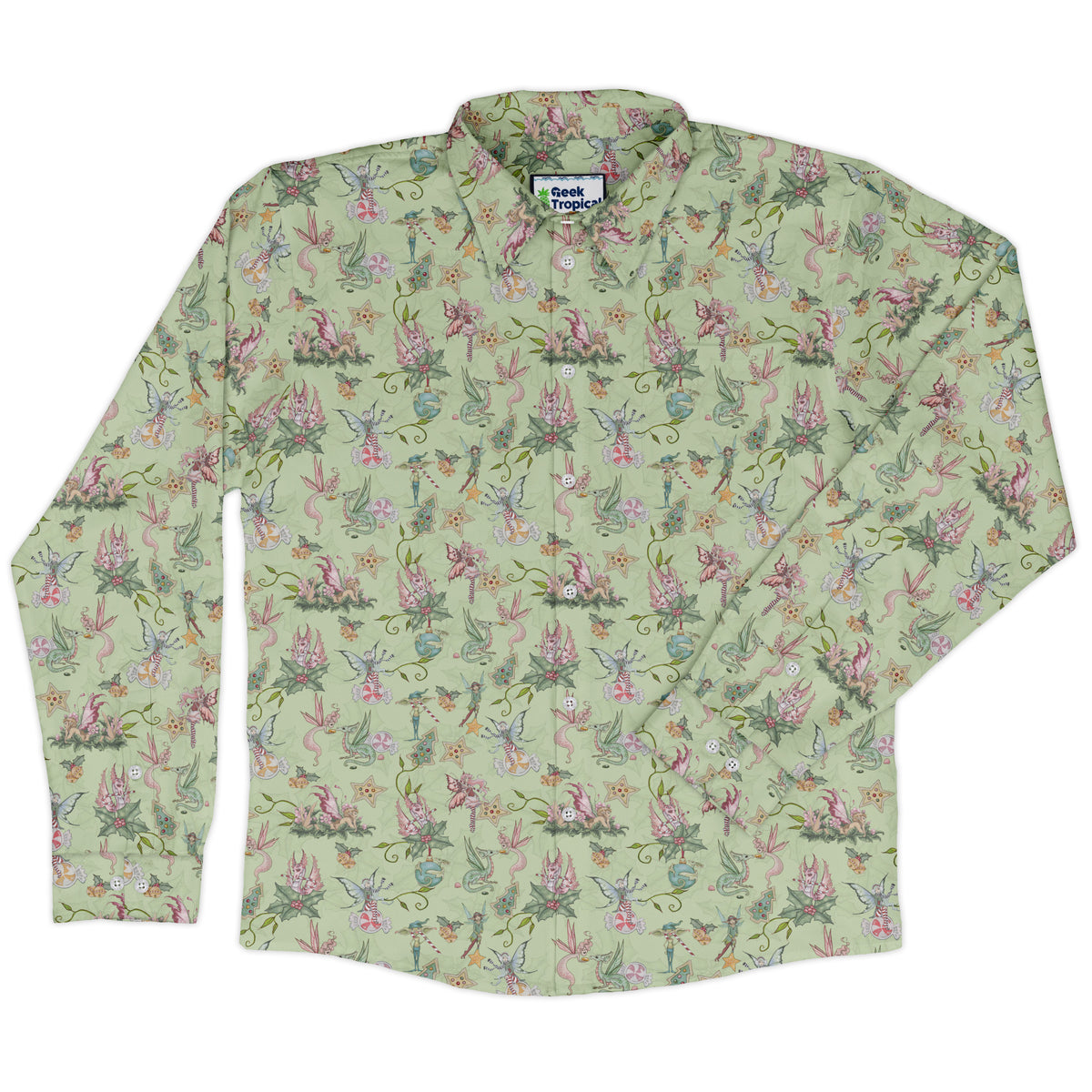 Sugarplum Dragonlings Sage Long Sleeve Button Up Shirt front