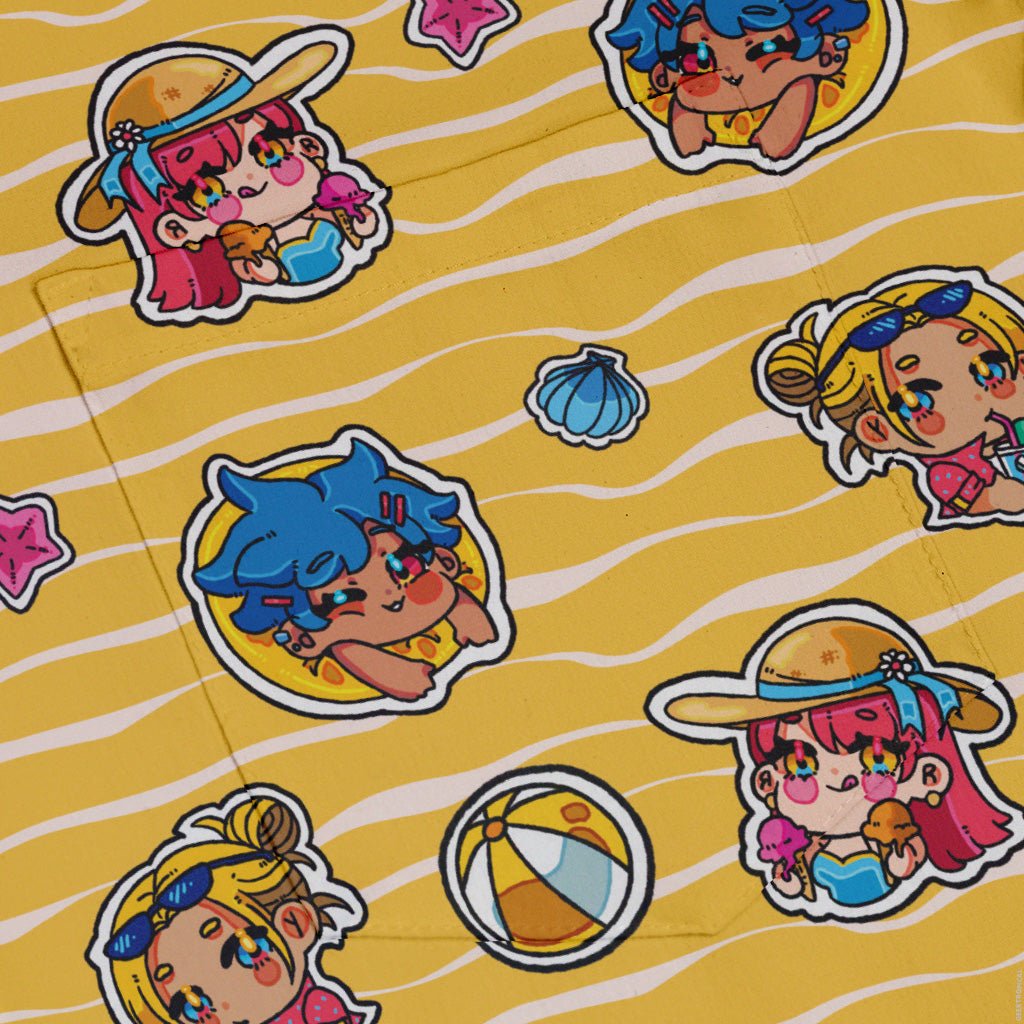 Summer Chibi Anime Stickers Lemon Soda Button Up Shirt - adult sizing - Anime - Design by Ardi Tong