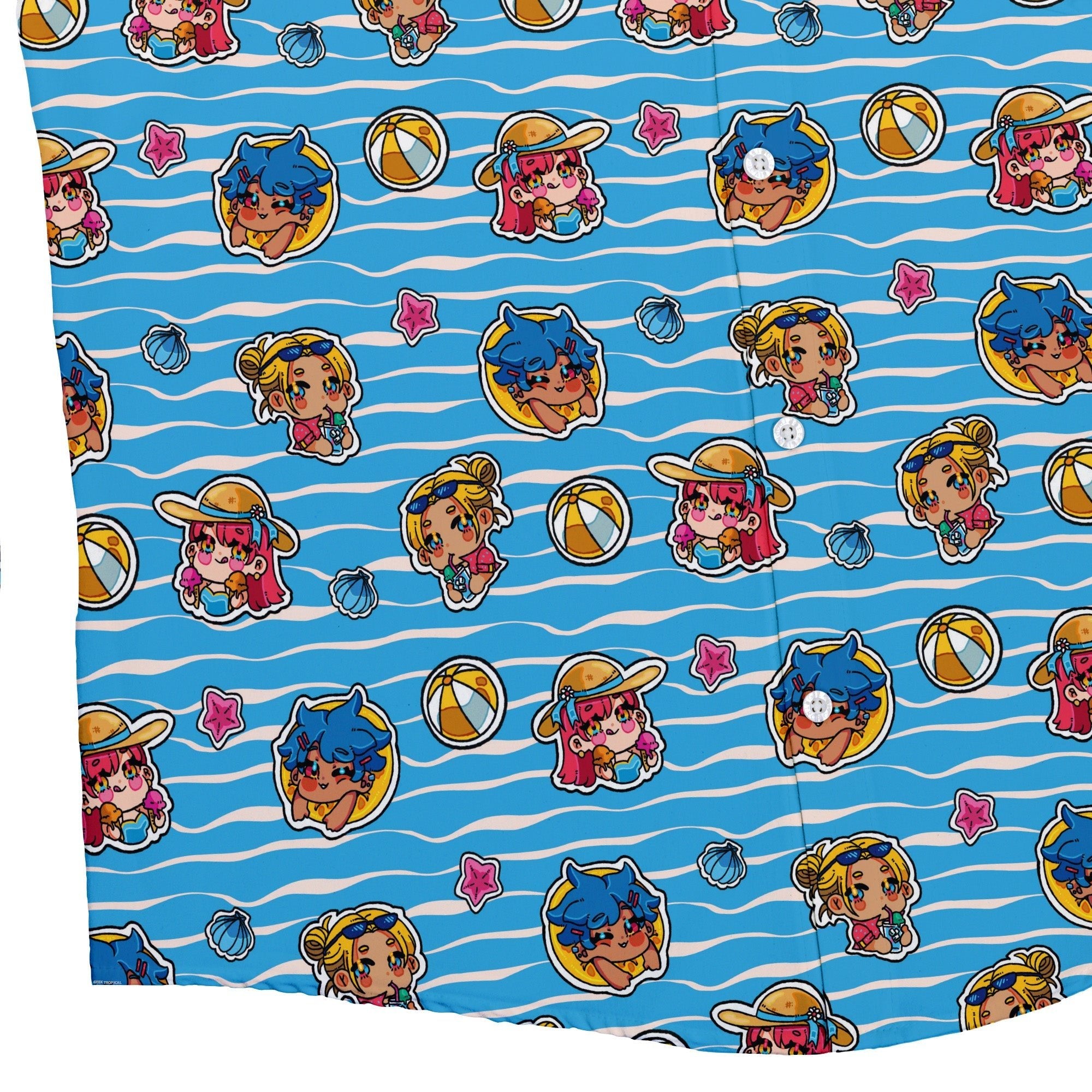 Summer Chibi Anime Stickers Poolside Blue Button Up Shirt - adult sizing - Anime - Design by Ardi Tong