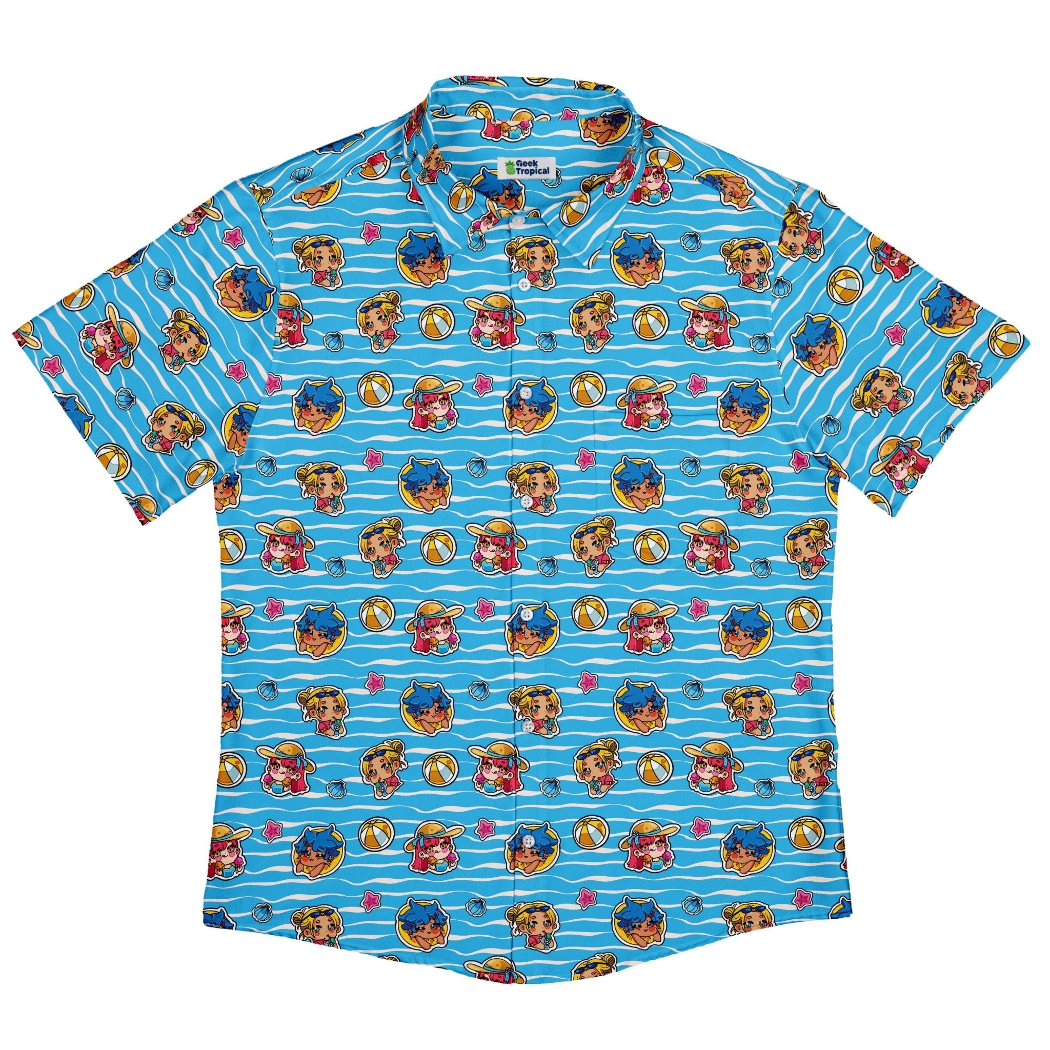 Summer Chibi Anime Stickers Poolside Blue Button Up Shirt - adult sizing - Anime - Design by Ardi Tong