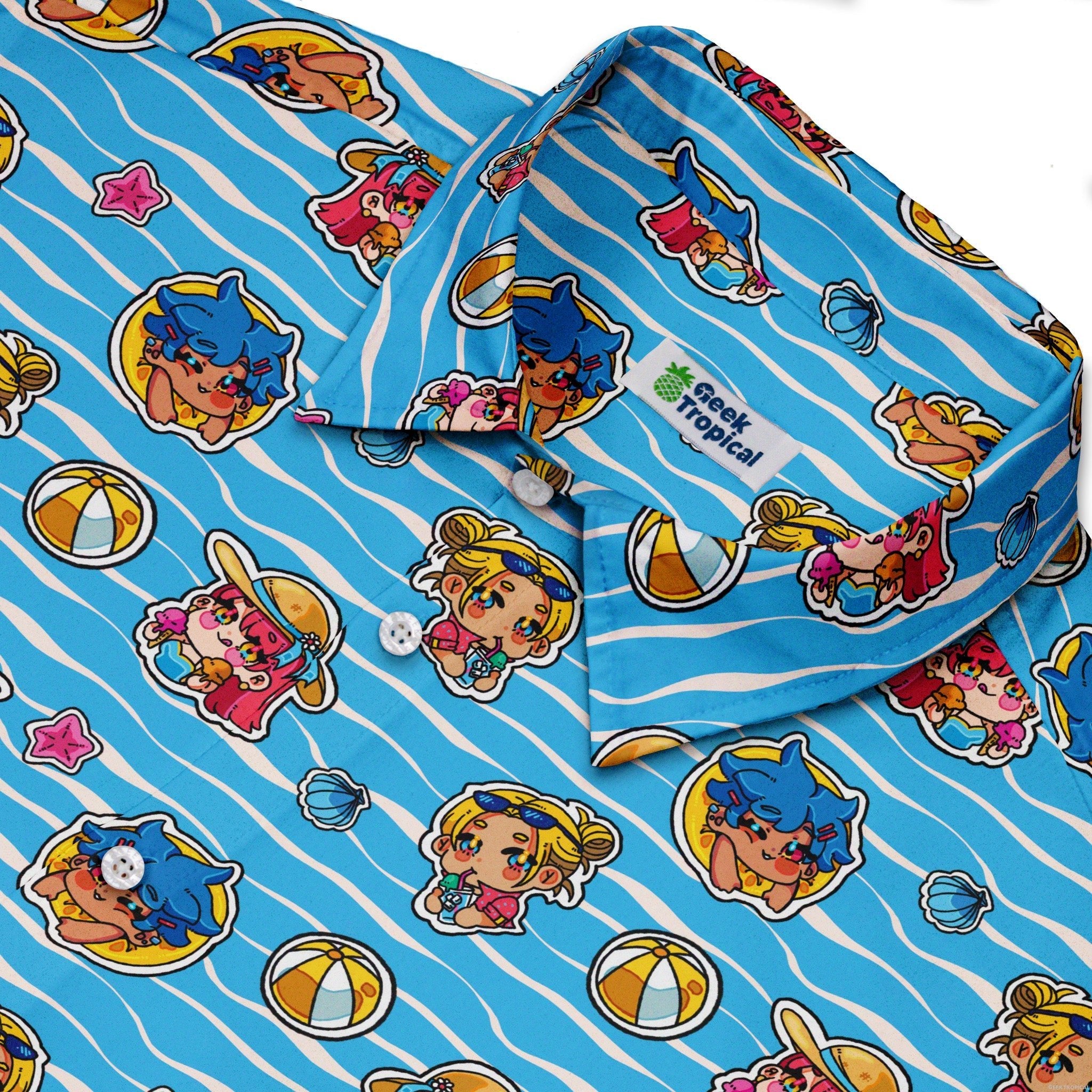 Summer Chibi Anime Stickers Poolside Blue Button Up Shirt - adult sizing - Anime - Design by Ardi Tong