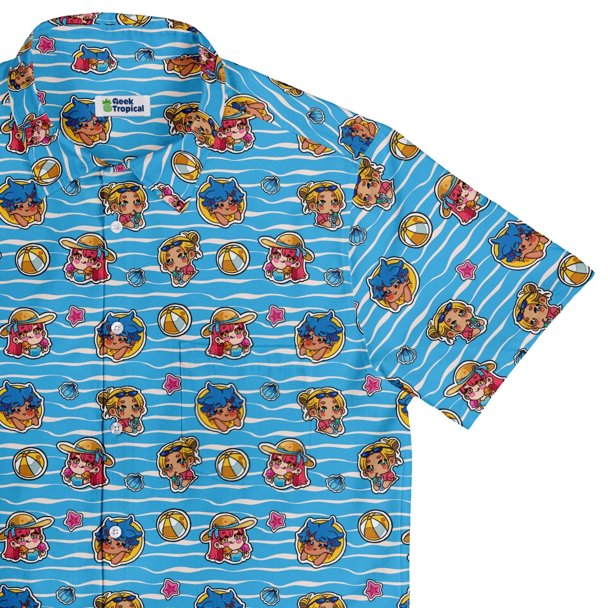 Summer Chibi Anime Stickers Poolside Blue Button Up Shirt - adult sizing - Anime - Design by Ardi Tong