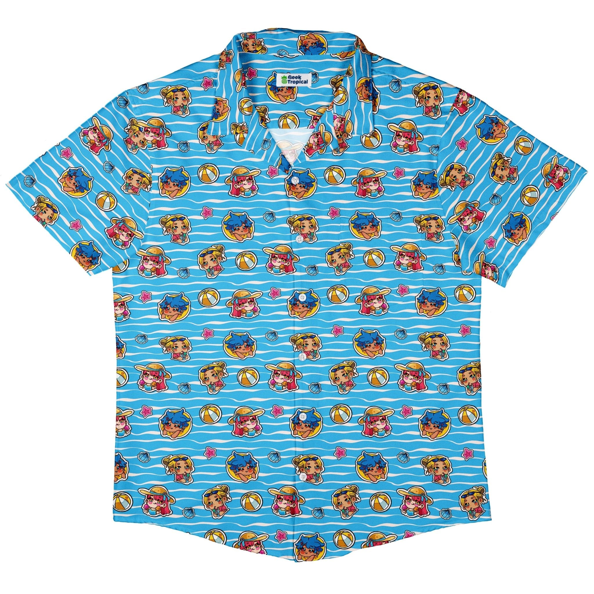 Summer Chibi Anime Stickers Poolside Blue Button Up Shirt - adult sizing - Anime - Design by Ardi Tong