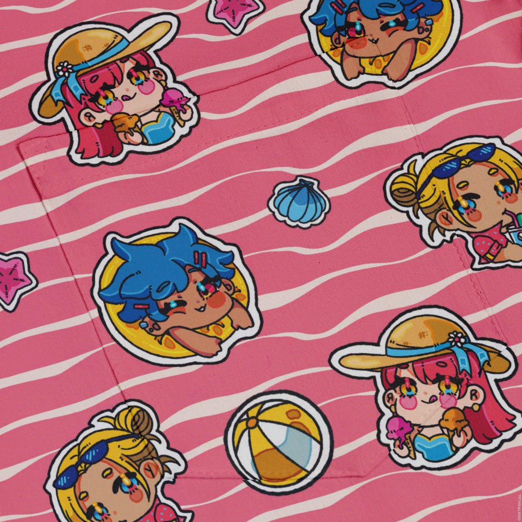 Summer Chibi Anime Stickers Strawberry Popsicle Button Up Shirt - adult sizing - Anime - Design by Ardi Tong
