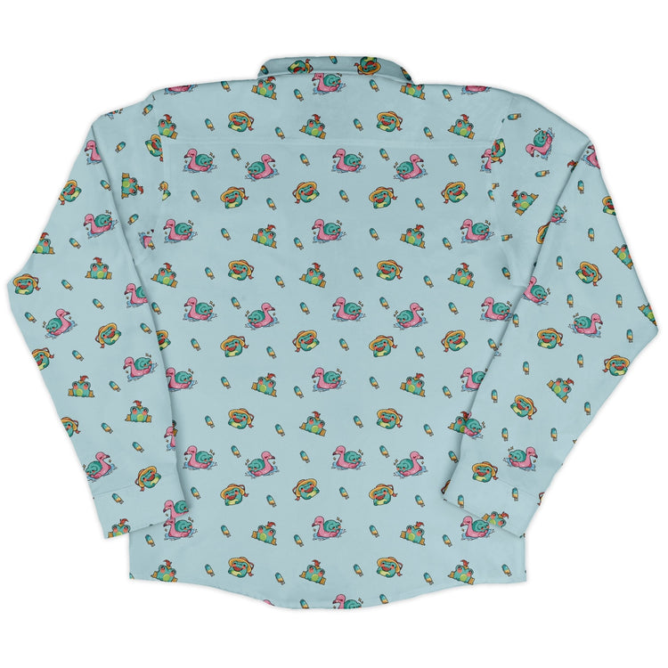 Summer Frogs Anime Long Sleeve Button Up Shirt Geek Nerd adult sizing Animal Patterns Anime
