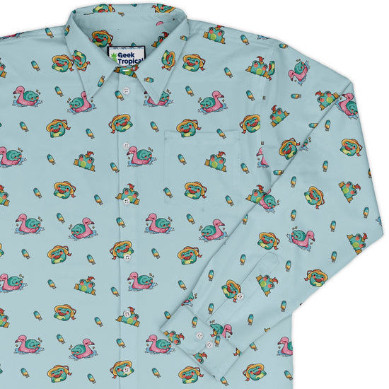Summer Frogs Anime Long Sleeve Button Up Shirt Geek Nerd adult sizing Animal Patterns Anime