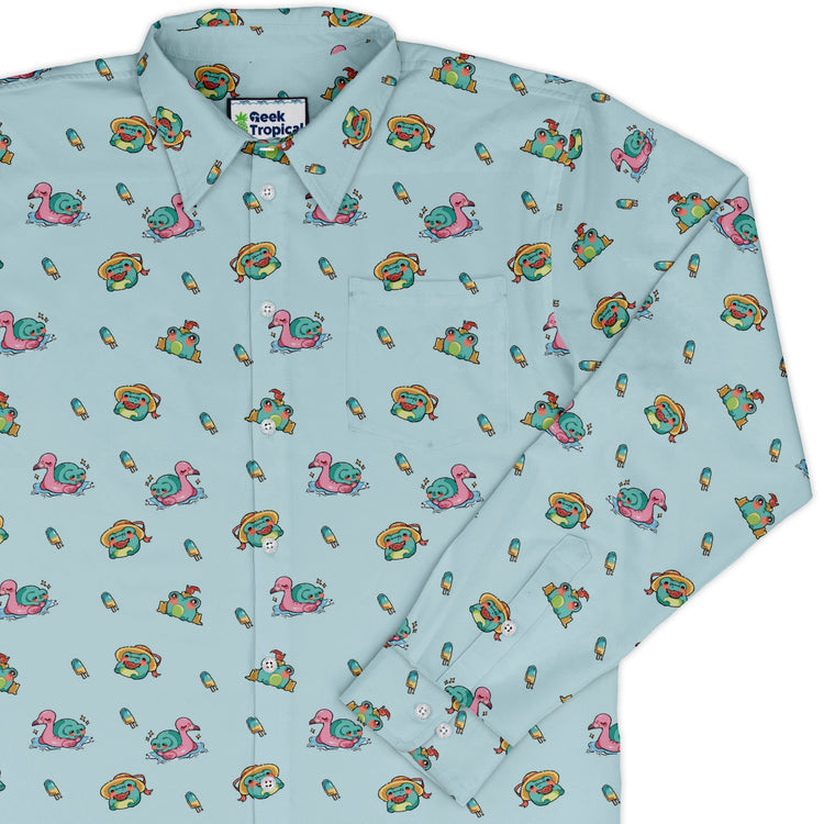 Summer Frogs Anime Long Sleeve Button Up Shirt Geek Nerd adult sizing Animal Patterns Anime