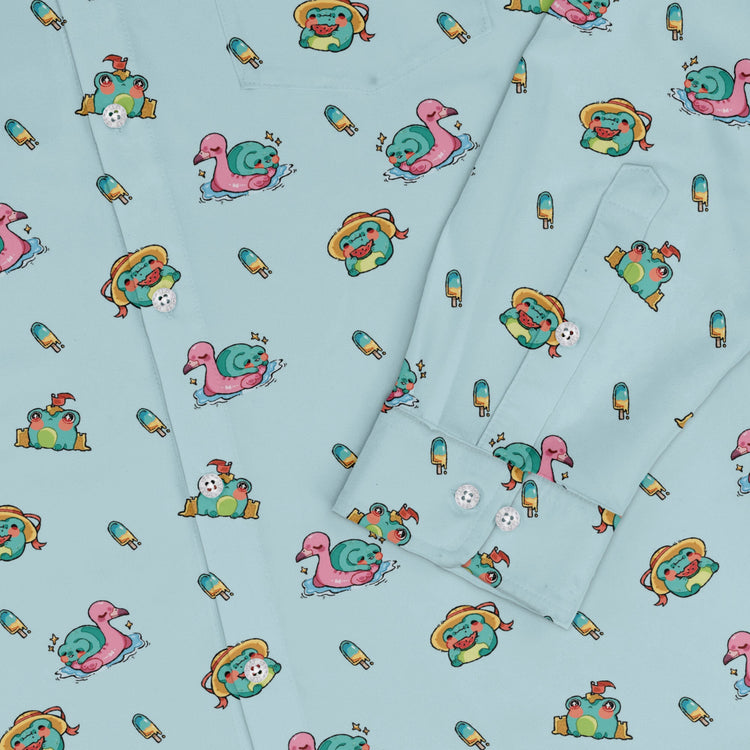 Summer Frogs Anime Long Sleeve Button Up Shirt Geek Nerd adult sizing Animal Patterns Anime