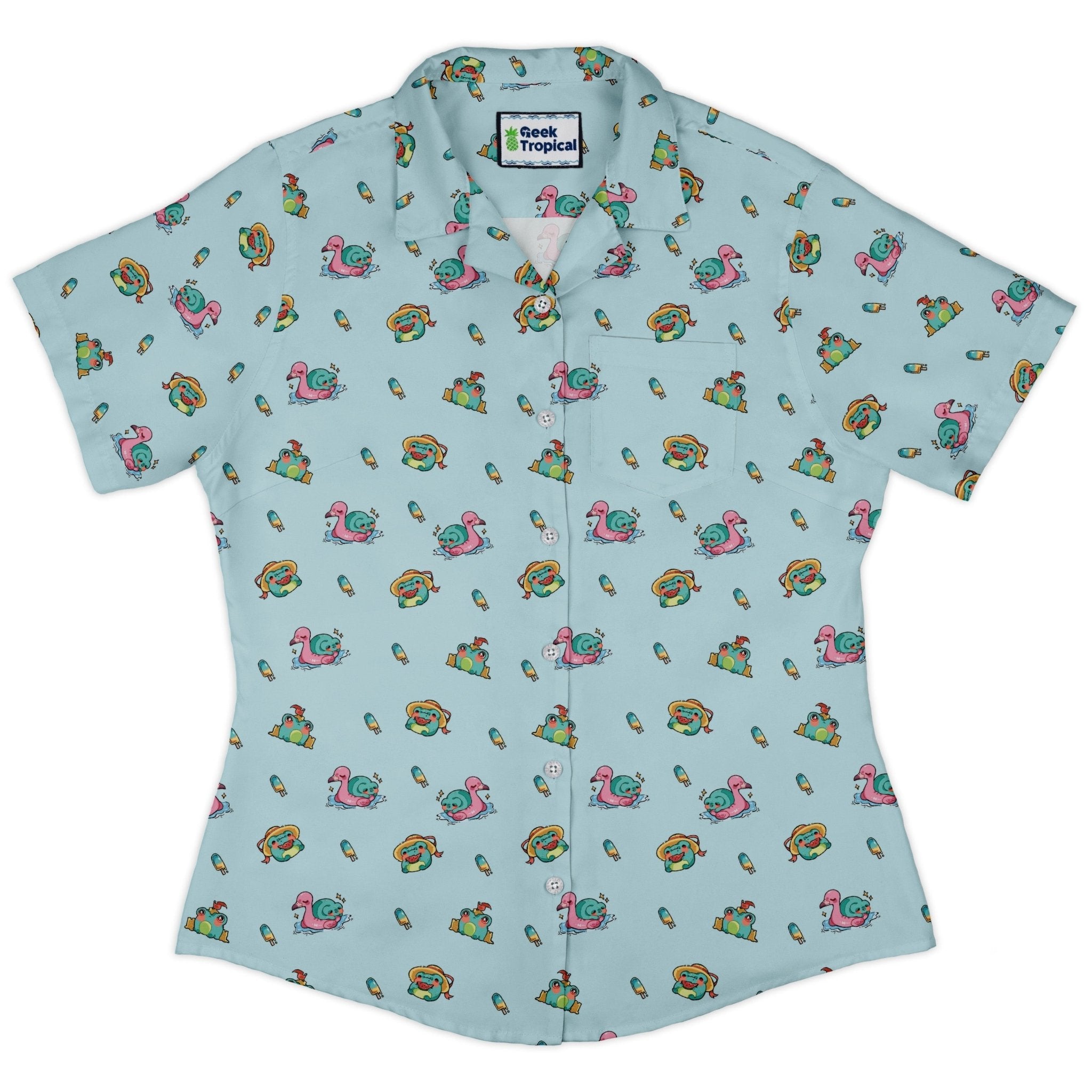 Summer Frogs Anime Curvy Button Up Shirt Geek Nerd Animal Patterns Anime Design by Ardi Tong