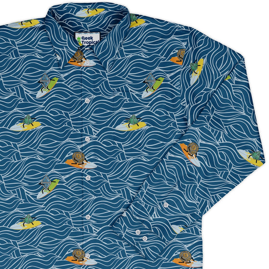 Surf and Roll Dnd Dice Long Sleeve Button Up Shirt Geek Nerd adult sizing Design by Dunking Toast dnd & rpg print