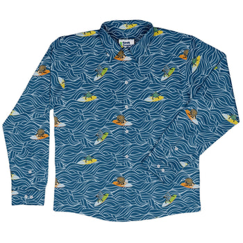 Surf and Roll Dnd Dice Long Sleeve Button Up Shirt Geek Nerd adult sizing Design by Dunking Toast dnd & rpg print