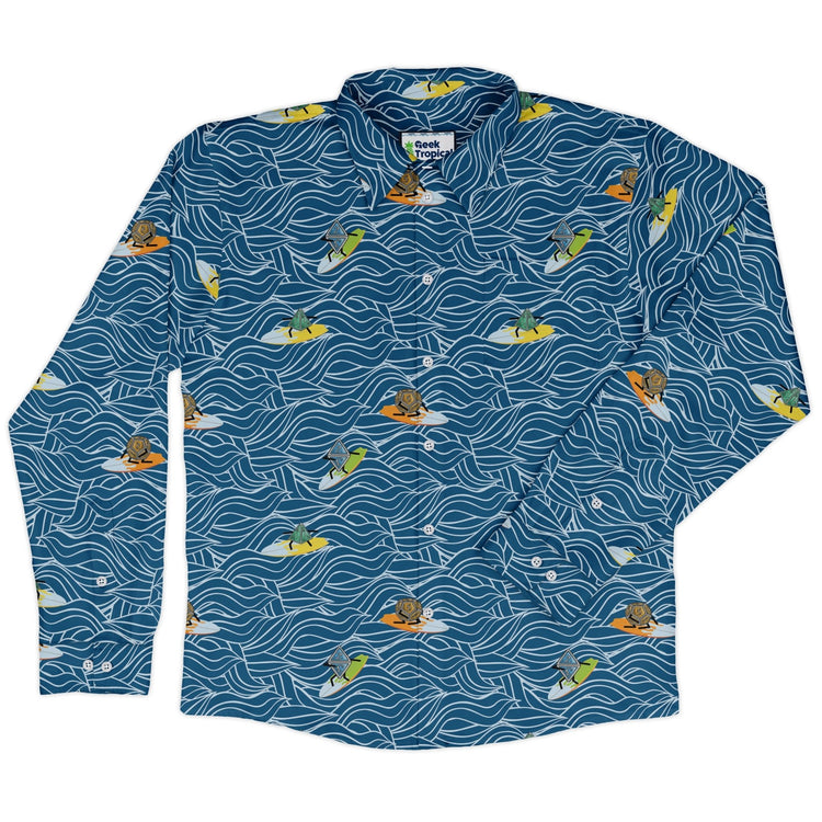 Surf and Roll Dnd Dice Long Sleeve Button Up Shirt Geek Nerd adult sizing Design by Dunking Toast dnd & rpg print