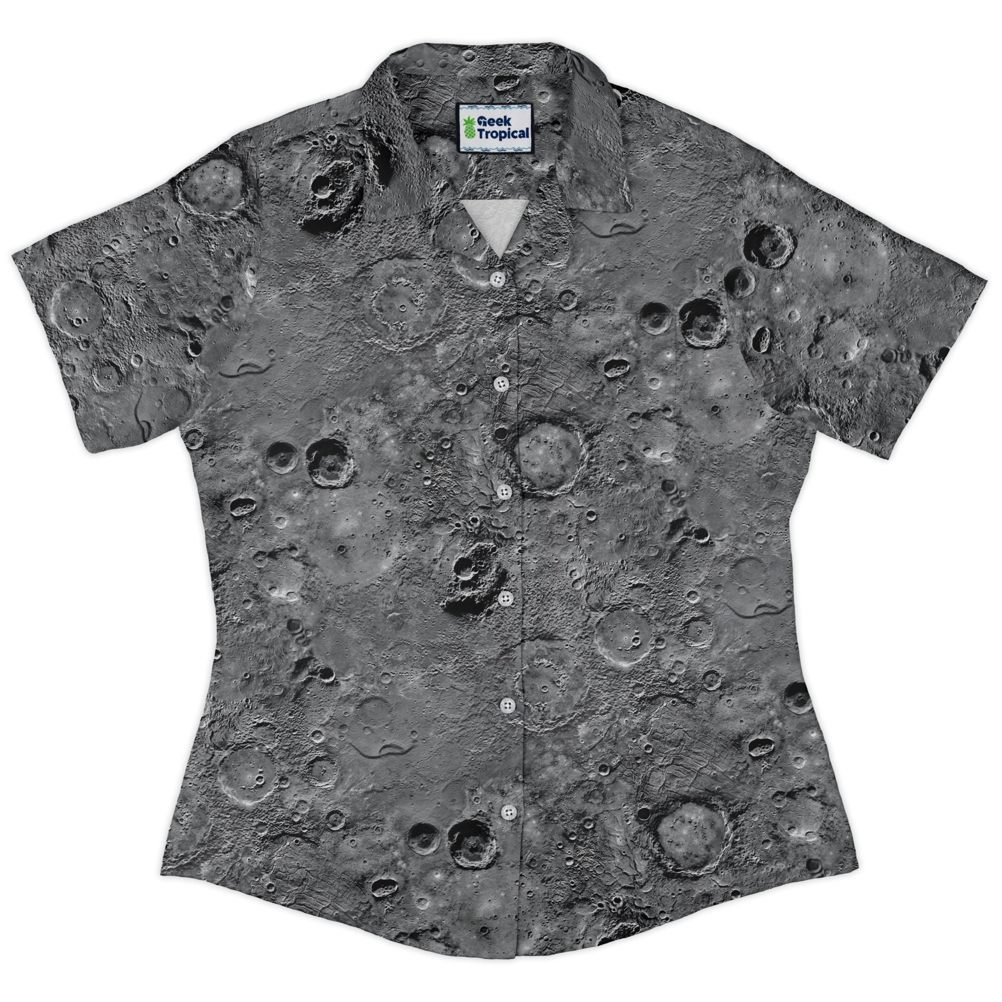 Surface of Mercury Curvy Button Up Shirt Geek Nerd Designs by Nathan outer space & astronaut print women