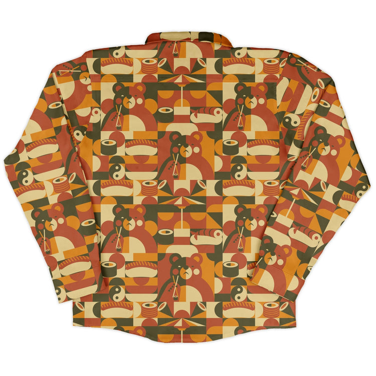 Sushi Eating Bear Anime Long Sleeve Button Up Shirt Geek Nerd adult sizing Animal Patterns Anime