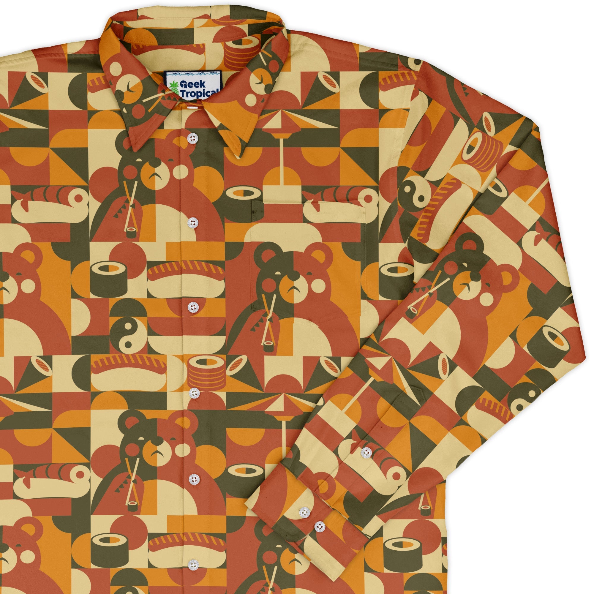 Sushi Eating Bear Anime Long Sleeve Button Up Shirt