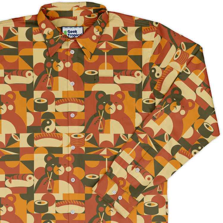 Sushi Eating Bear Anime Long Sleeve Button Up Shirt Geek Nerd adult sizing Animal Patterns Anime