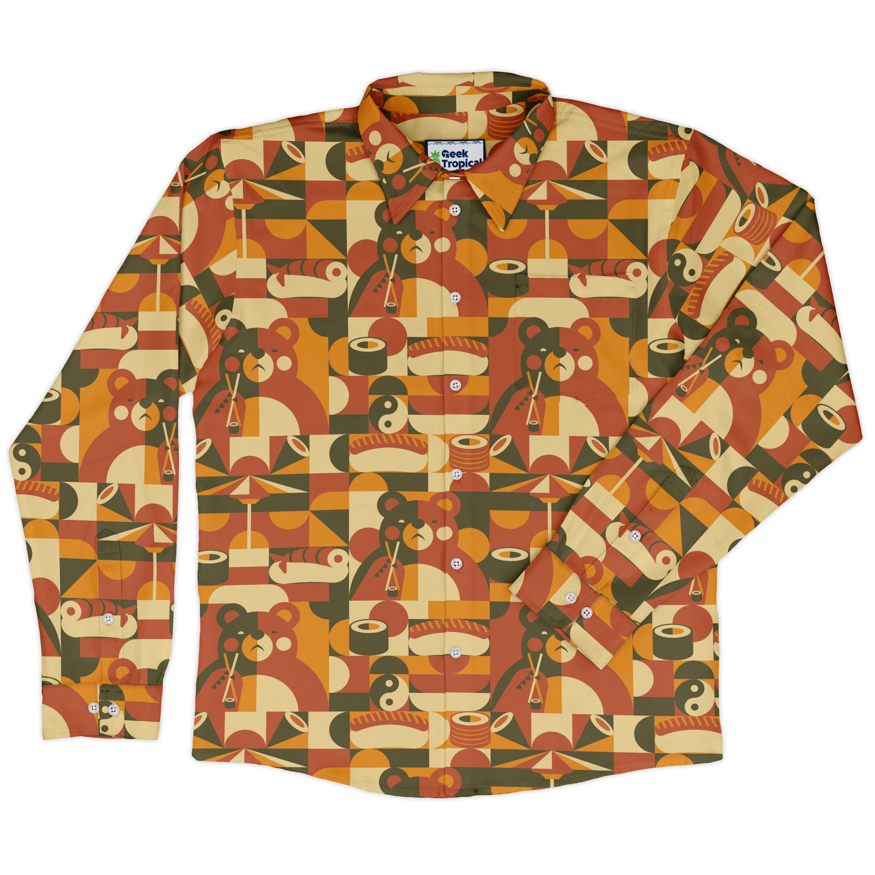Sushi Eating Bear Anime Long Sleeve Button Up Shirt