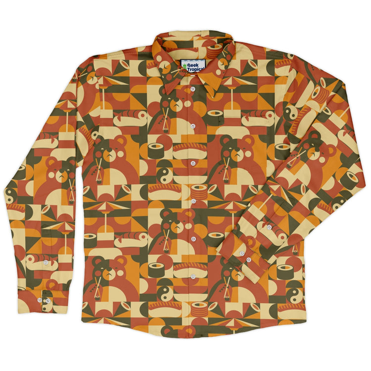 Sushi Eating Bear Anime Long Sleeve Button Up Shirt Geek Nerd adult sizing Animal Patterns Anime