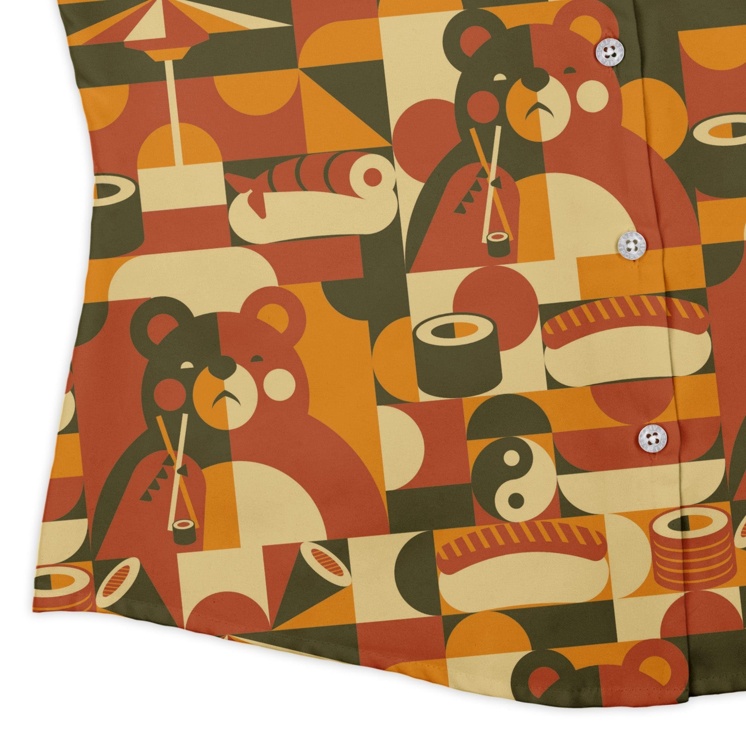 Sushi Eating Bear Anime Curvy Button Up Shirt Geek Nerd Animal Patterns Anime Design by Tobe Fonseca