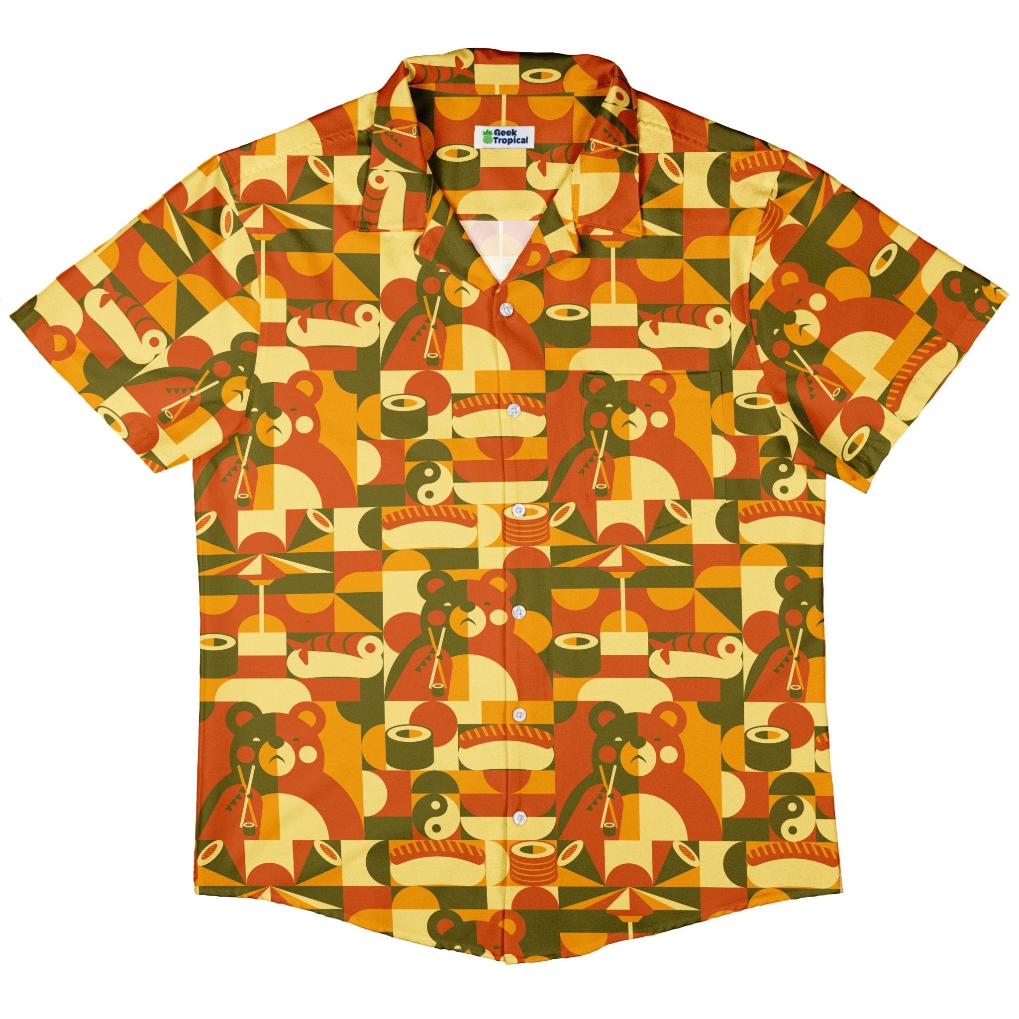 Clearance Ready - to - Ship Sushi Eating Bear Anime Button Up Shirt Geek Nerd adult sizing Animal Patterns Anime