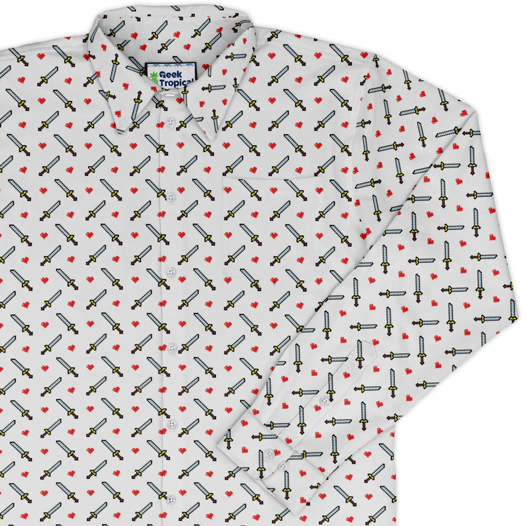 Sword and Hearts Video Game Long Sleeve Button Up Shirt Geek Nerd adult sizing Design by Heather Davenport FLOW DESC WRITING