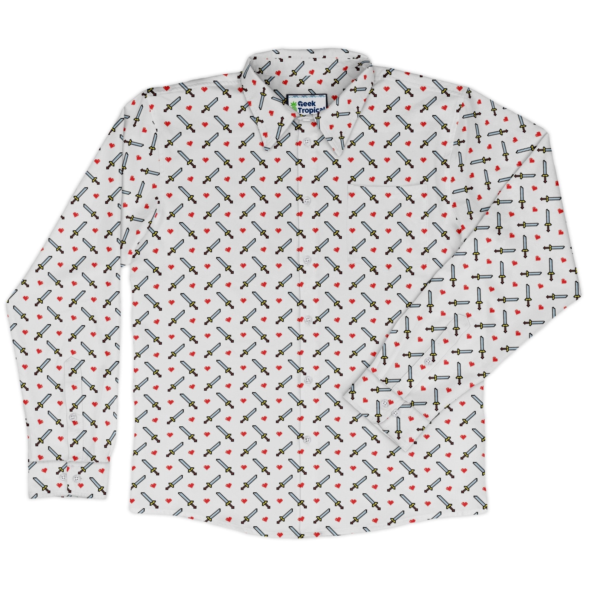 Sword and Hearts Video Game Long Sleeve Button Up Shirt Geek Nerd adult sizing Design by Heather Davenport FLOW DESC WRITING