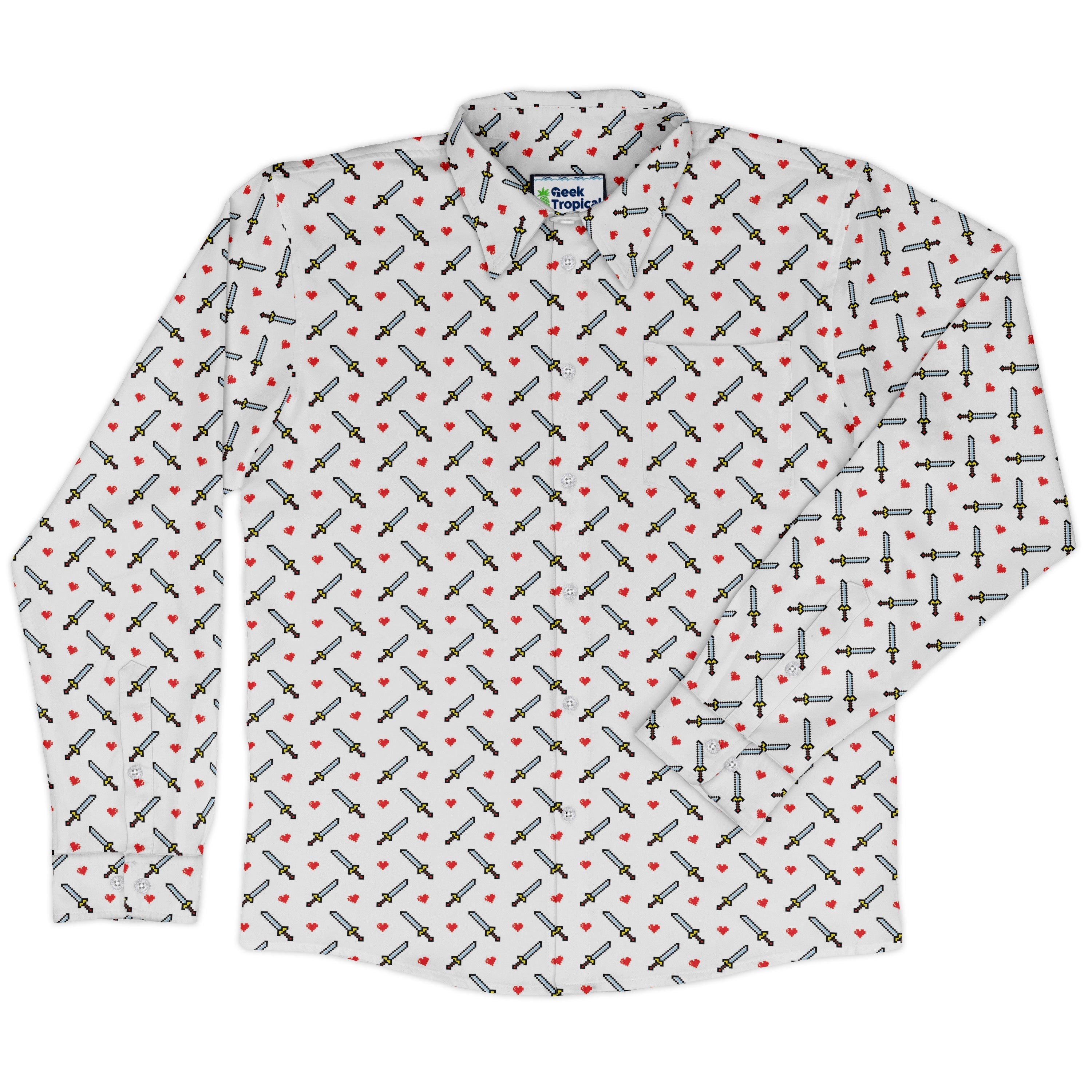Sword and Hearts Video Game Long Sleeve Button Up Shirt